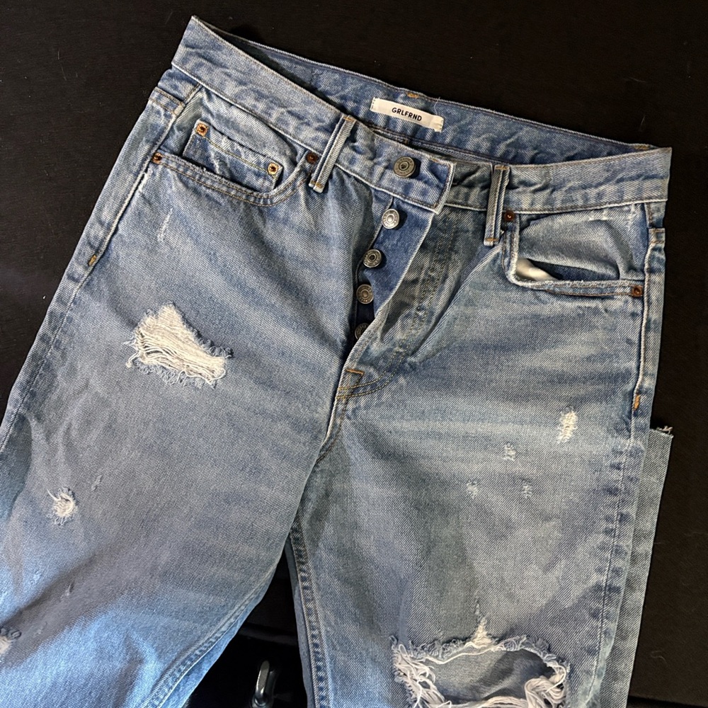 GRLFRND Distressed Light Blue Straight Leg Jeans
